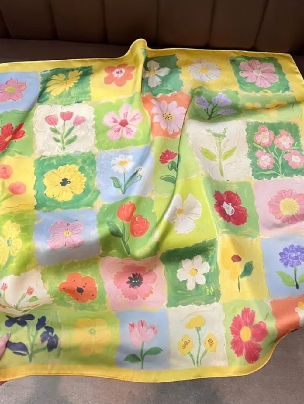 Floral Patchwork Silk Scarf in Yellow and Pastels